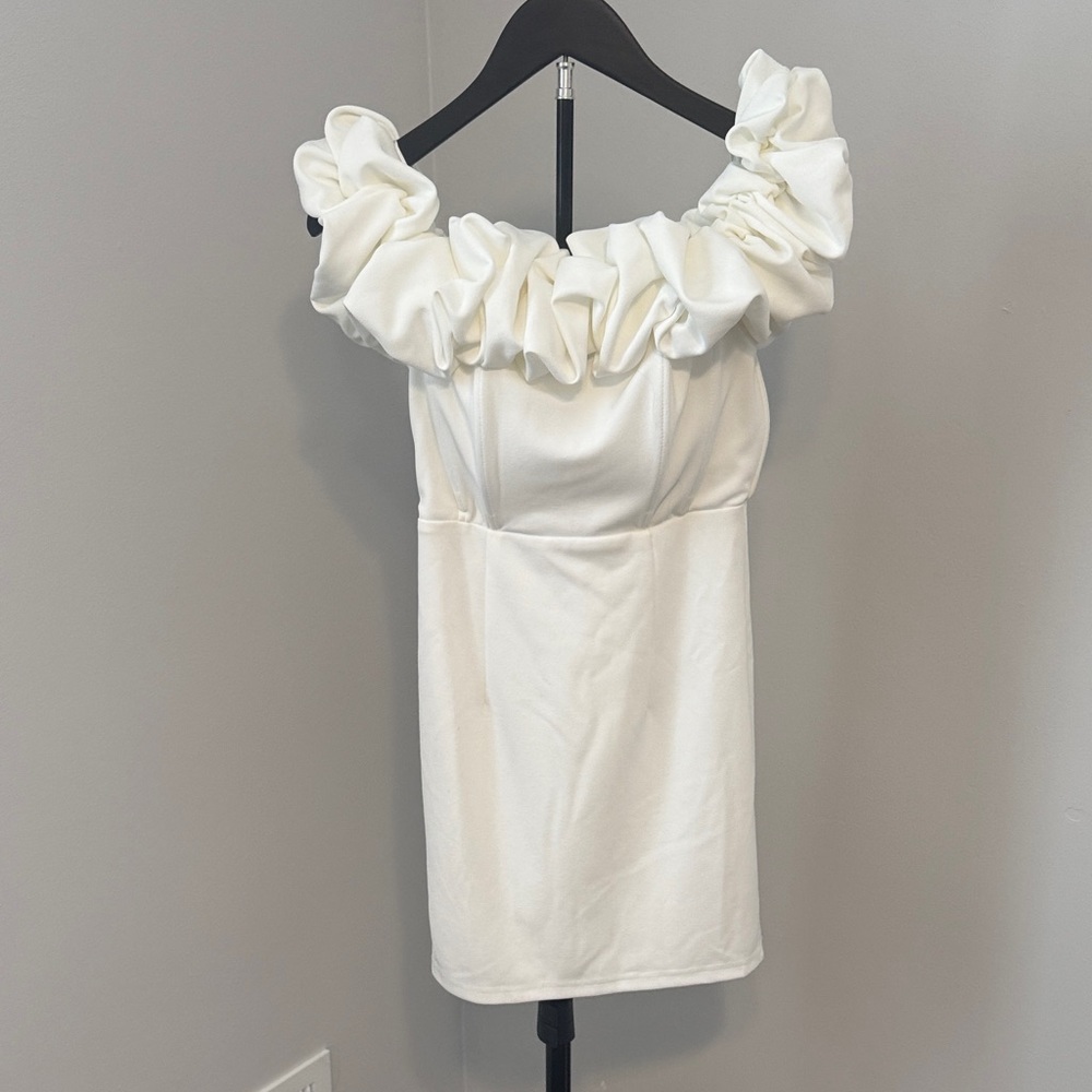 Selfie Leslie Cream Ruffle Off-Shoulder Dress
